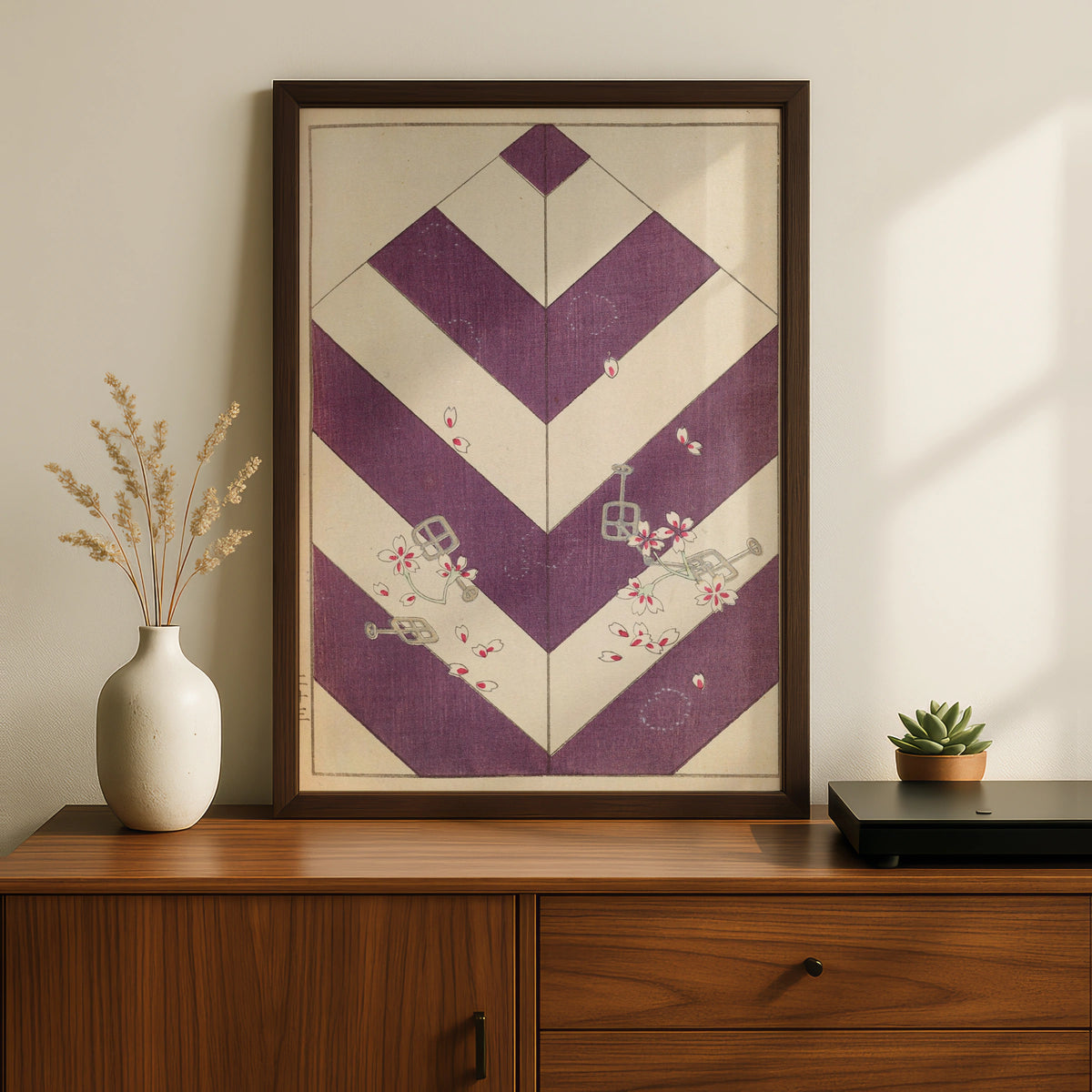 Japanese Woodblock Wall Art, Vintage Bijutsukai 1901 Purple Chevron Cherry Blossom Print – A5 Black frame