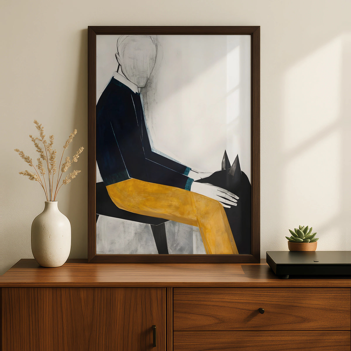 Faceless Figure with Dog, Modern Figurative Art Print, Contemporary Poster