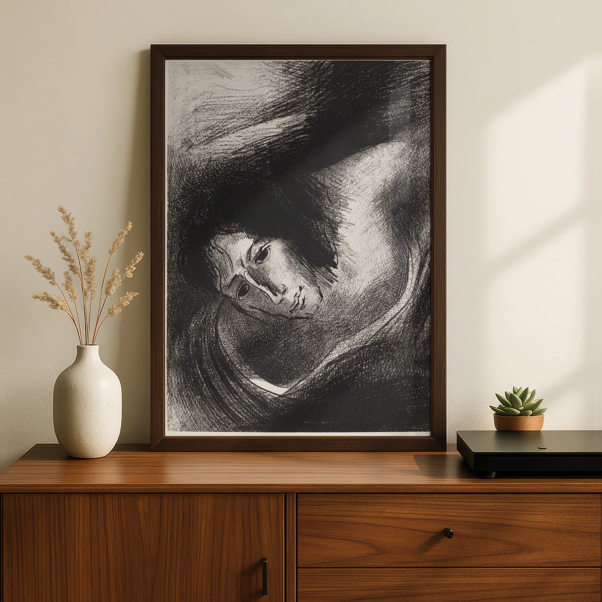 Halloween Gothic Face Art Print, Dark Surreal Poster, Odilon Redon Style, Black White Spooky Wall