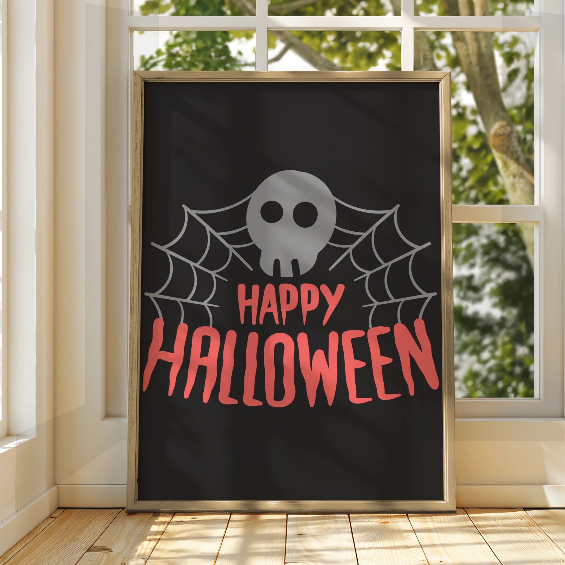 Happy Halloween Skull Spider Web Poster, Spooky Wall Art, Black Pink Halloween Print