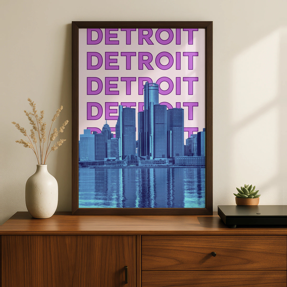 Detroit Travel Poster, Michigan City Skyline Wall Art, Retro Purple Blue Print
