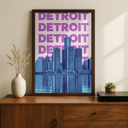 Detroit Travel Poster, Michigan City Skyline Wall Art, Retro Purple Blue Print