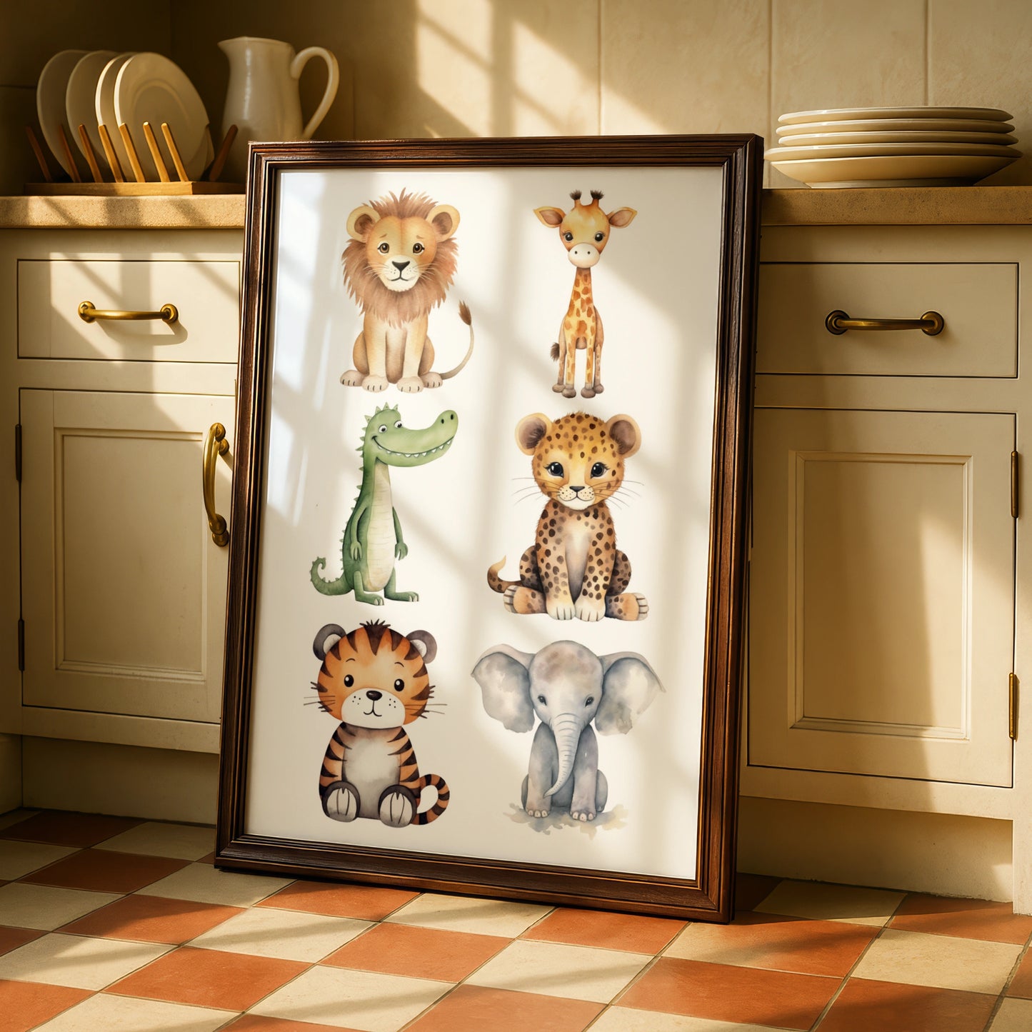 Safari Nursery Wall Art, Cute Baby Animals Poster, Lion Elephant Giraffe Tiger Kids Room Print