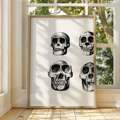 Halloween Skull Poster, Gothic Skeleton Wall Art, Black White Skull Print, Dark Spooky Decor