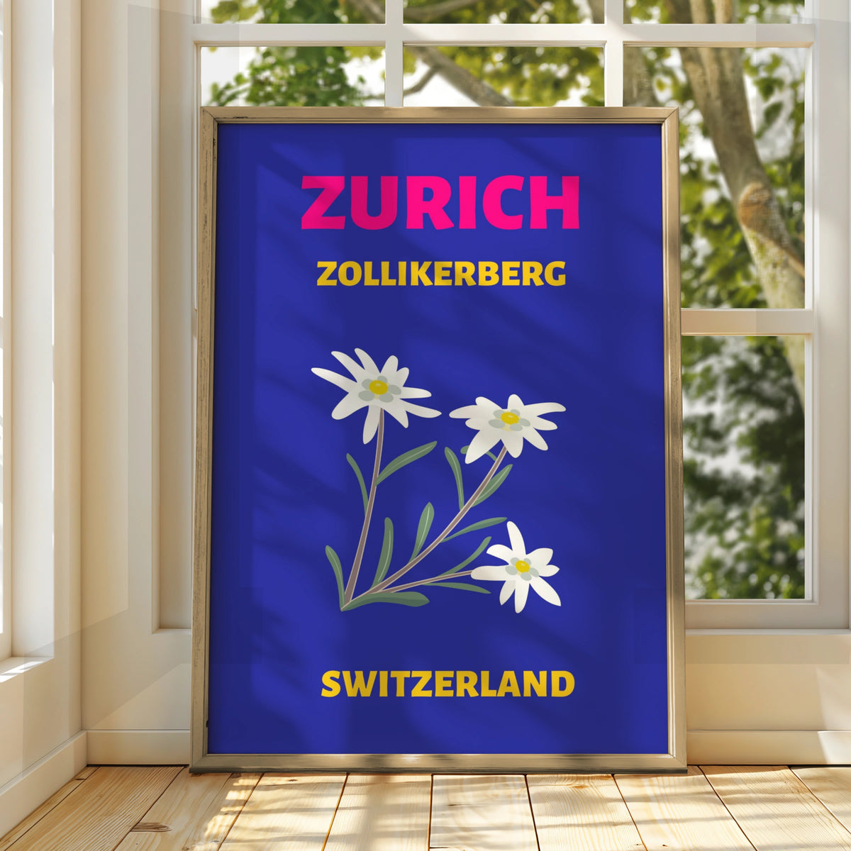 Zurich Switzerland Travel Poster, Zollikerberg Edelweiss Retro Wall Art Print