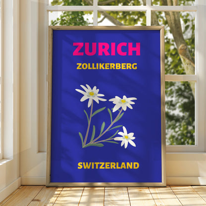 Zurich Switzerland Travel Poster, Zollikerberg Edelweiss Retro Wall Art Print