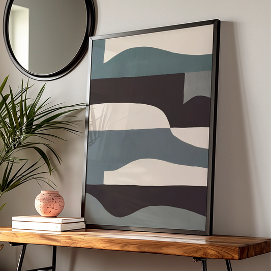 Abstract Wave Art Print, Modern Monochrome Poster, Teal Black Neutral Wall Art, Gallery Wall Print