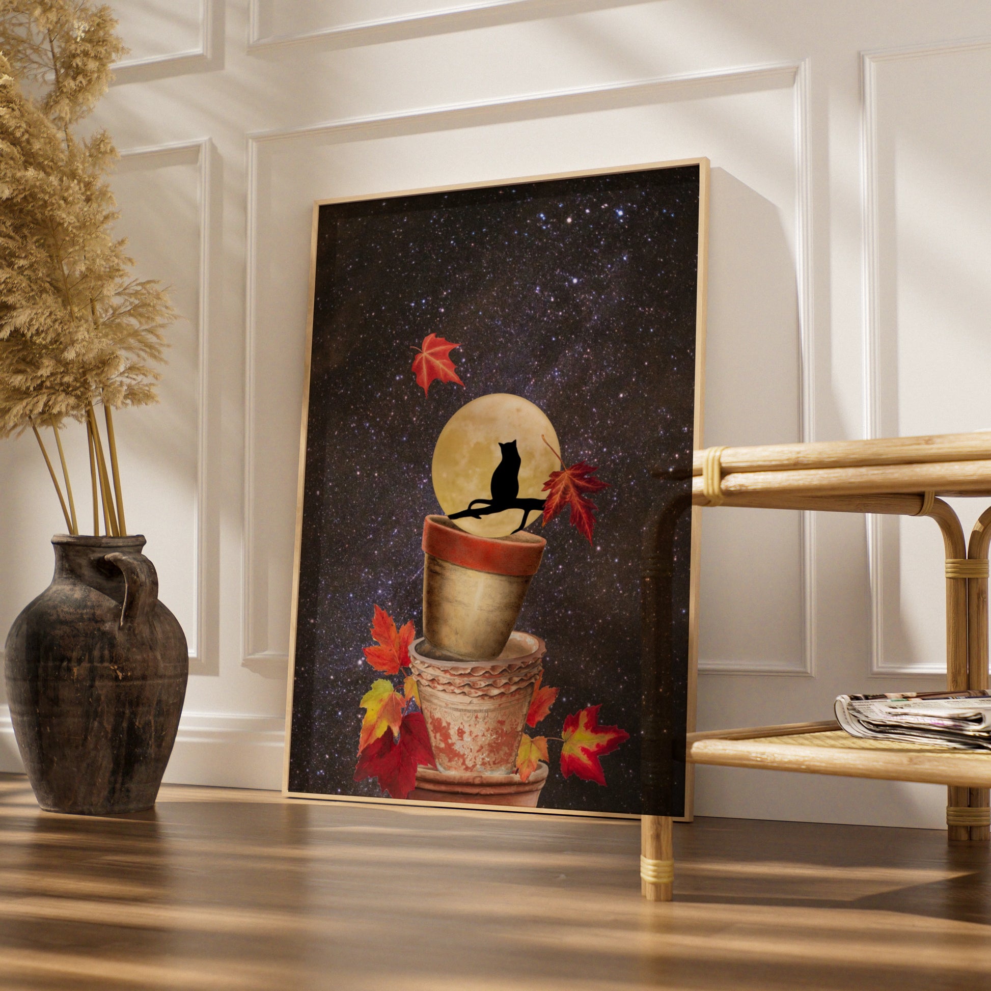 Halloween Black Cat Full Moon Poster, Autumn Leaves Night Sky Wall Art Print