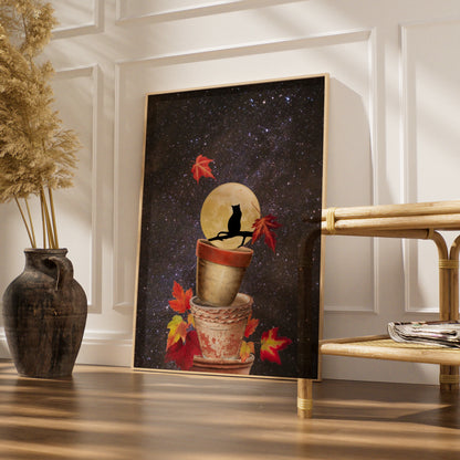 Halloween Black Cat Full Moon Poster, Autumn Leaves Night Sky Wall Art Print