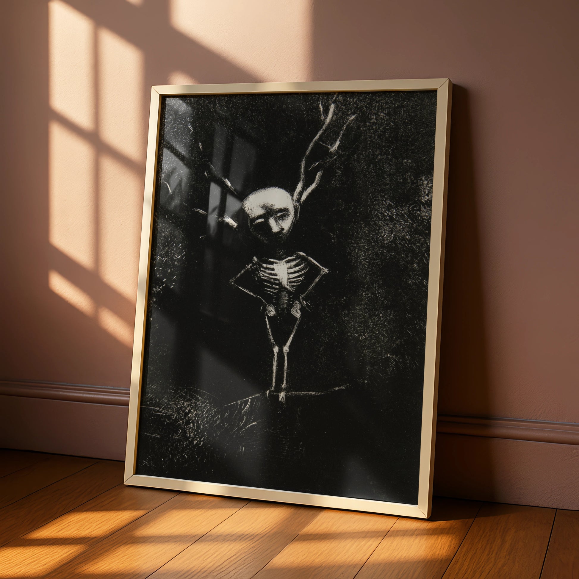 Dark Skeleton Halloween Art Print, Gothic Skull Poster, Spooky Black Wall Art, Occult Macabre Decor