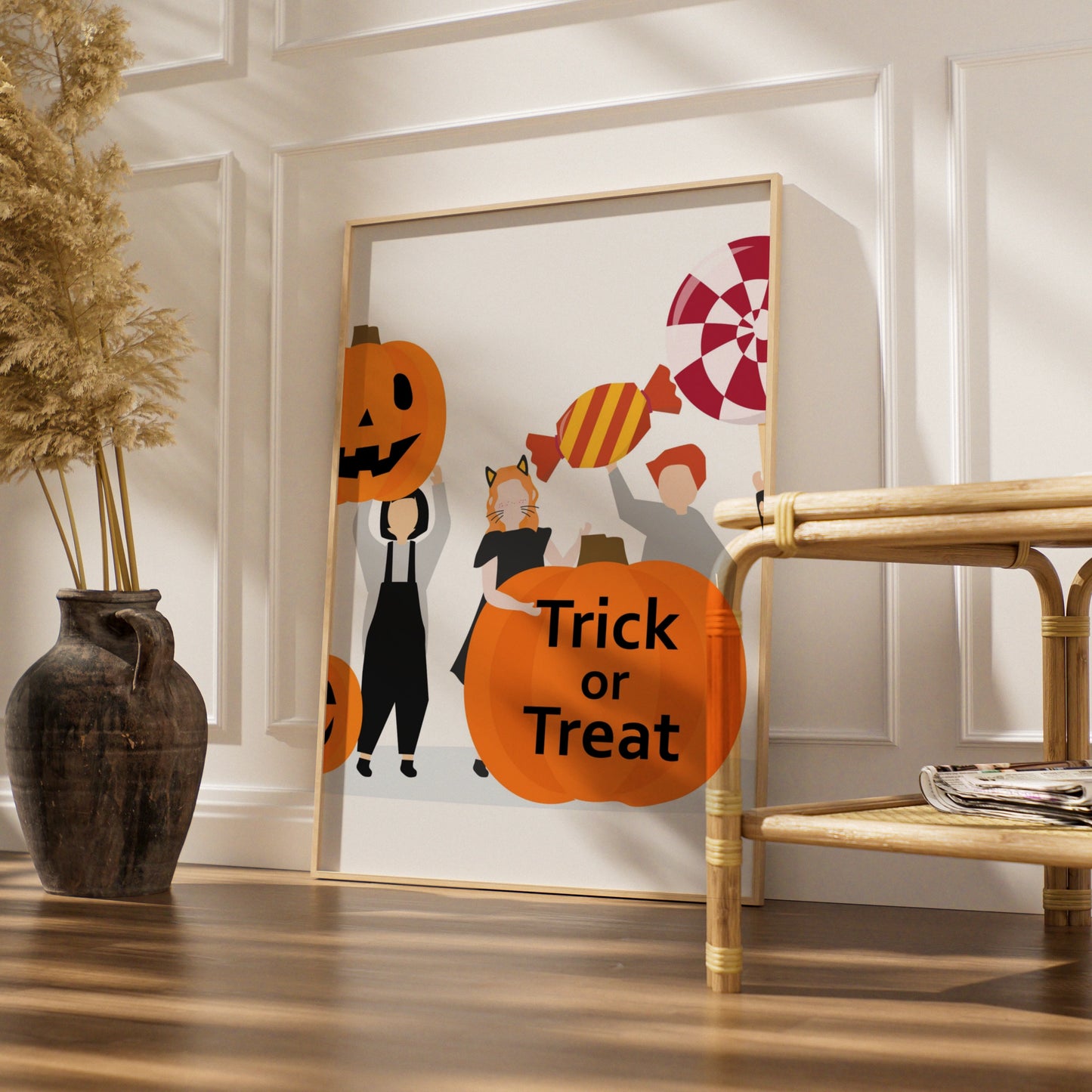 Trick or Treat Halloween Poster, Kids Costume Wall Art, Pumpkin Candy Print