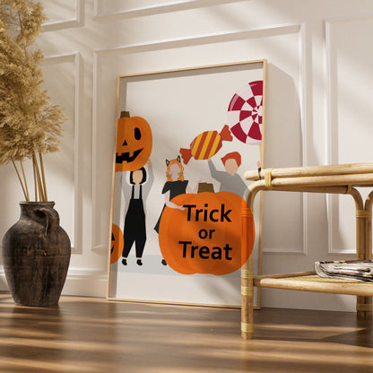 Trick or Treat Halloween Poster, Kids Costume Wall Art, Pumpkin Candy Print