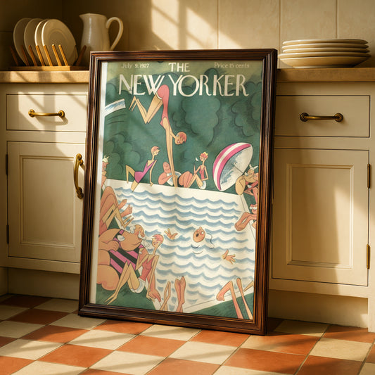 The New Yorker July 1927 Vintage Swimming Pool Cover Art Poster, Retro Summer Wall Art