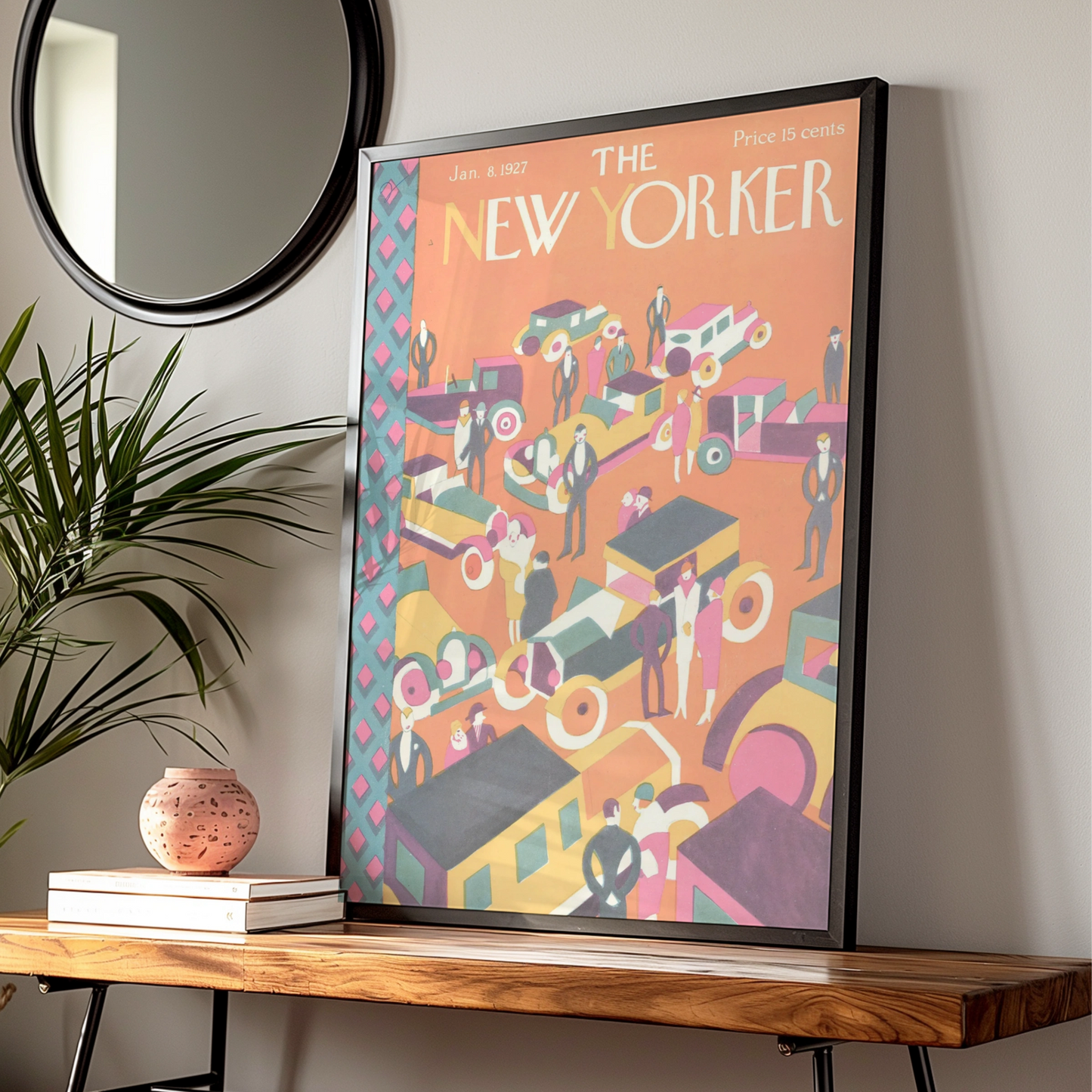 New Yorker 1927 Art Deco Poster, Vintage NYC Traffic Cover Print, Retro Wall Art