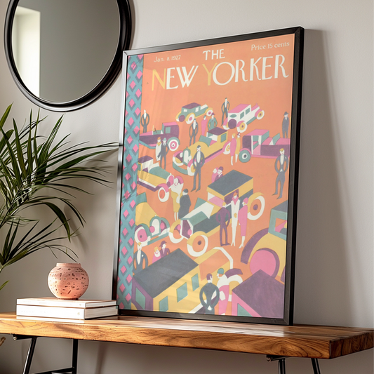 New Yorker 1927 Art Deco Poster, Vintage NYC Traffic Cover Print, Retro Wall Art