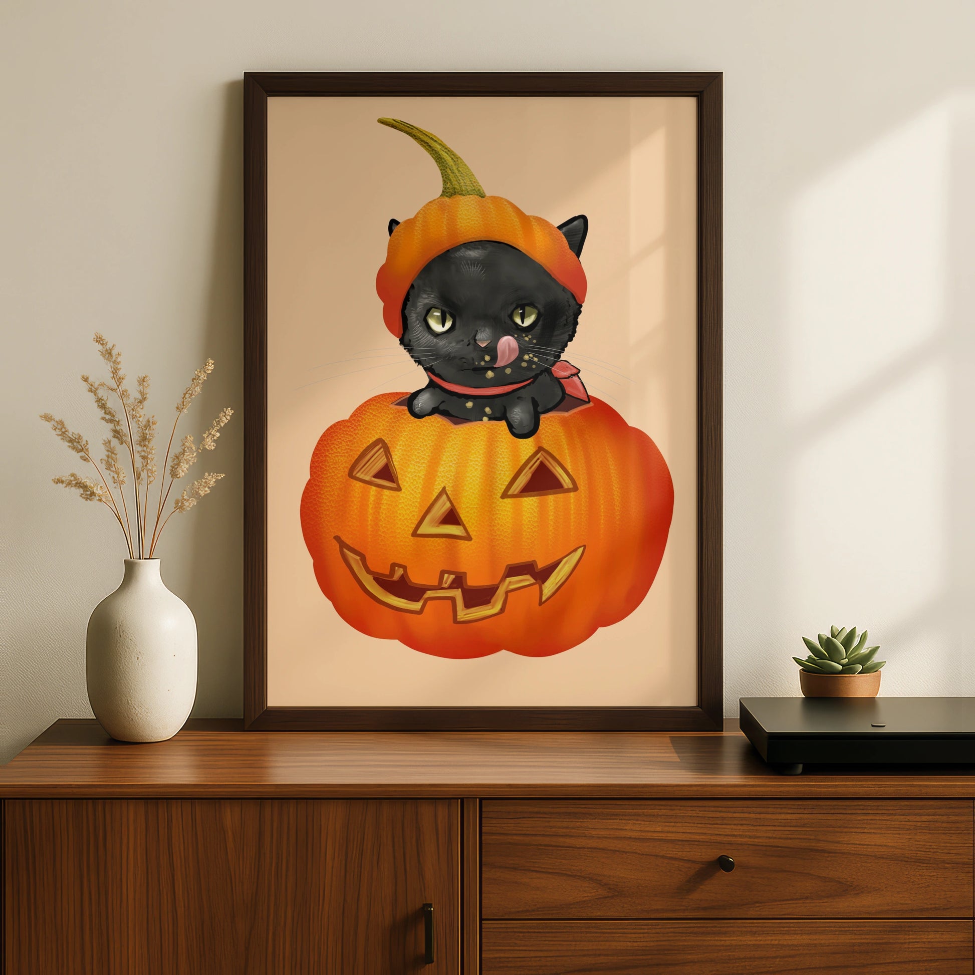 Halloween Black Cat Pumpkin Poster, Jack O Lantern Cat Wall Art Print