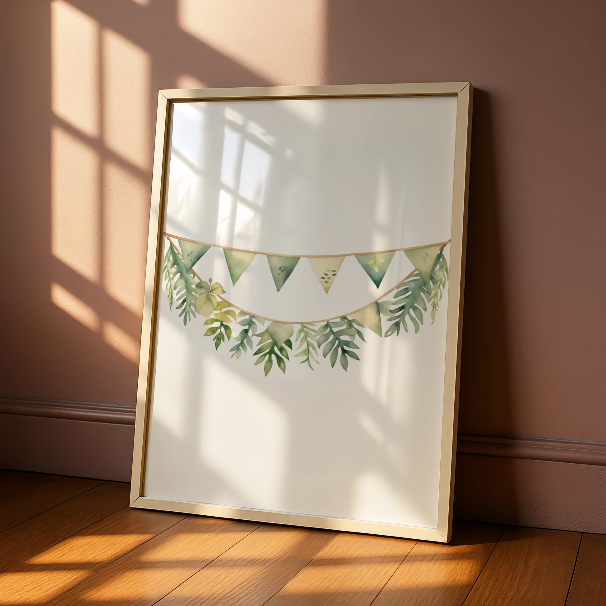 Nursery Wall Art Green Bunting Garland Poster, Botanical Baby Room Print, Watercolour Leaf Decor