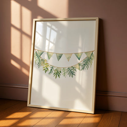 Nursery Wall Art Green Bunting Garland Poster, Botanical Baby Room Print, Watercolour Leaf Decor