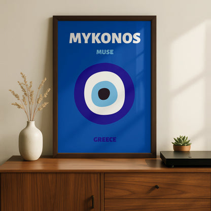 Mykonos Greece Travel Poster, Evil Eye Wall Art, Greek Island Print, Blue Retro