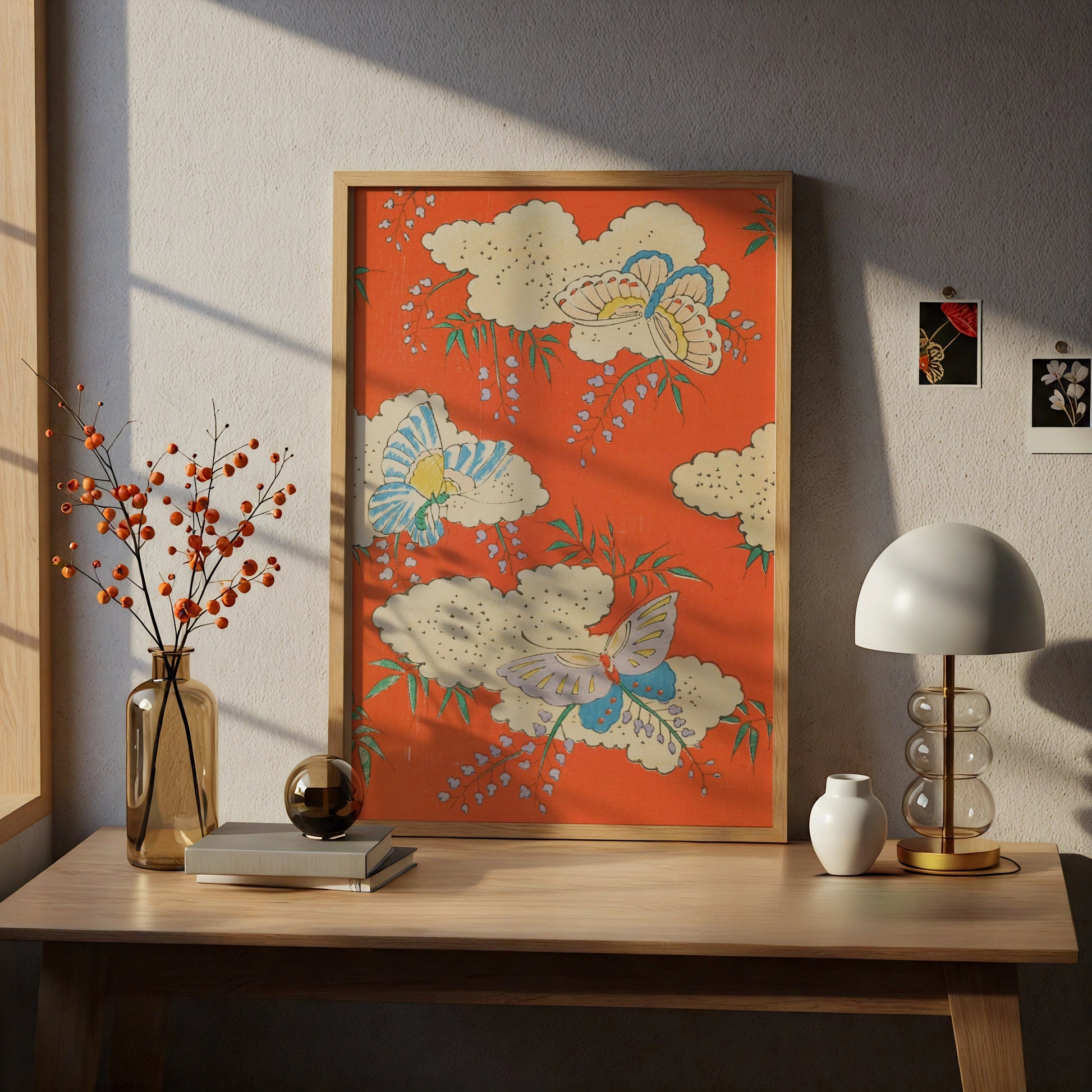 Japanese Butterfly Wall Art, Vintage Woodblock Print, Floral Japandi Poster, Orange Botanical – A4 print