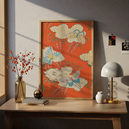 Japanese Butterfly Wall Art, Vintage Woodblock Print, Floral Japandi Poster, Orange Botanical – A4 print