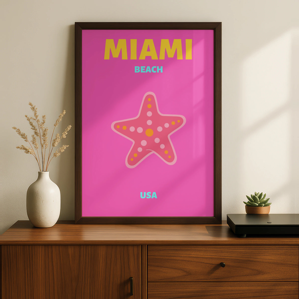 Miami Beach Travel Poster, Florida USA Wall Art, Retro Beach Print, Bold Pink Starfish Decor