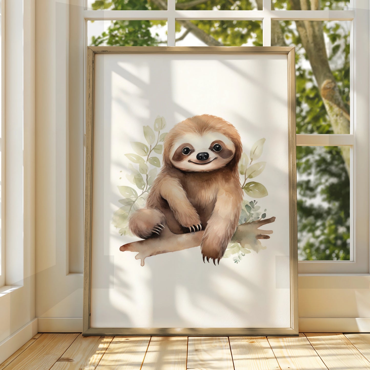 Cute Sloth Nursery Wall Art, Baby Animal Watercolour Poster, Kids Room Decor Print