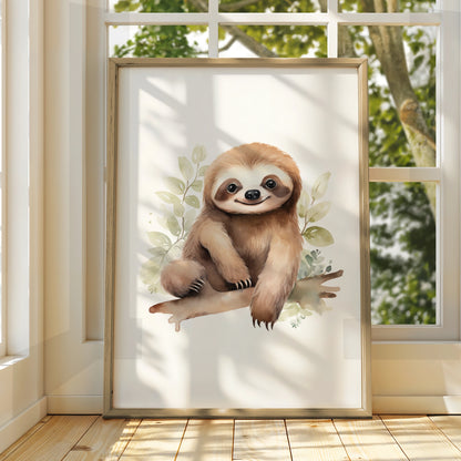 Cute Sloth Nursery Wall Art, Baby Animal Watercolour Poster, Kids Room Decor Print
