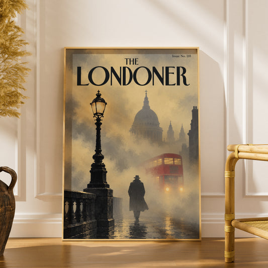 Foggy London Poster, Vintage Magazine Cover Wall Art, Red Bus Art Print, Moody Living Room Decor