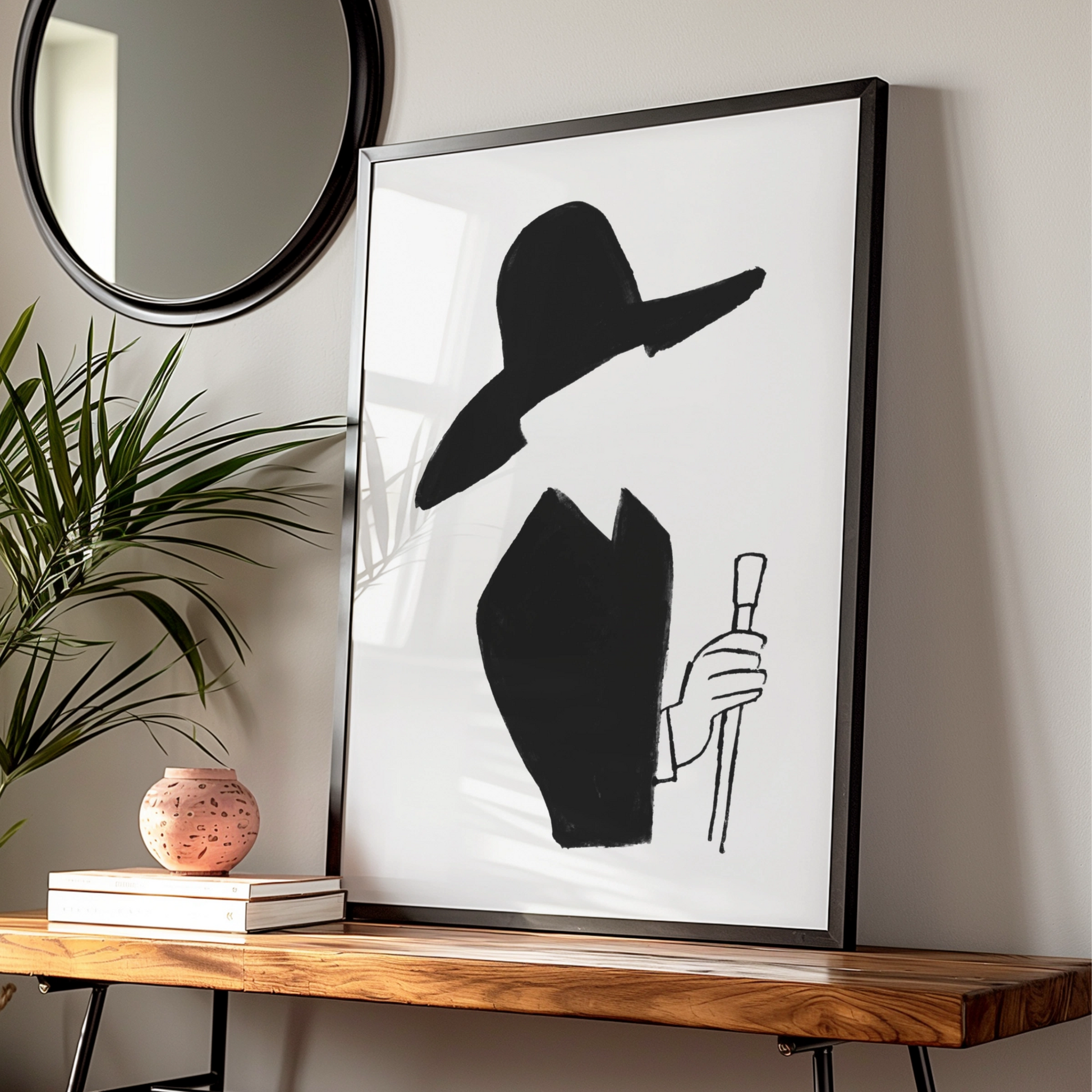 Halloween Witch Poster, Black Silhouette Art Print, Spooky Wide Brim Hat Wall Art