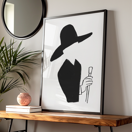 Halloween Witch Poster, Black Silhouette Art Print, Spooky Wide Brim Hat Wall Art