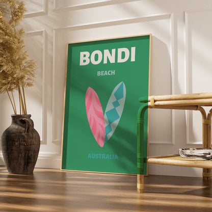 Bondi Beach Australia Travel Poster, Retro Surf Wall Art, Sydney Coastal Print