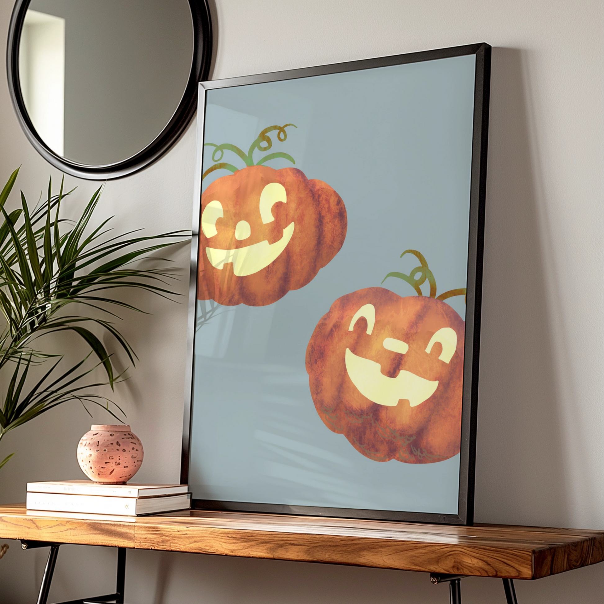 Halloween Pumpkin Wall Art, Jack O Lantern Poster, Cute Spooky Autumn Print, Orange Blue