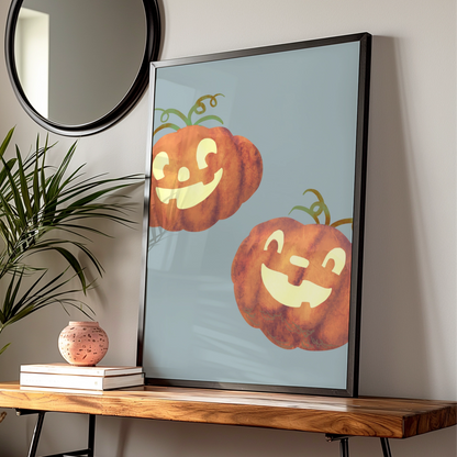 Halloween Pumpkin Wall Art, Jack O Lantern Poster, Cute Spooky Autumn Print, Orange Blue