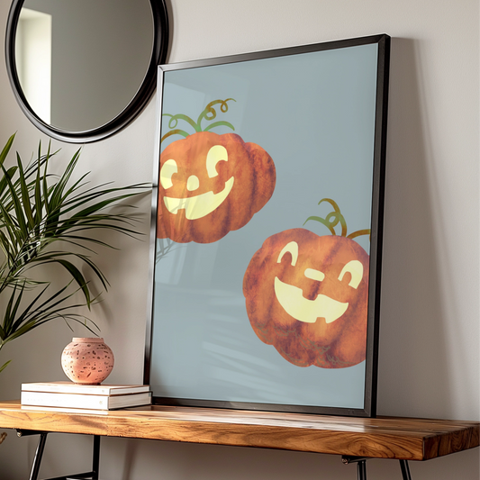 Halloween Pumpkin Wall Art, Jack O Lantern Poster, Cute Spooky Autumn Print, Orange Blue