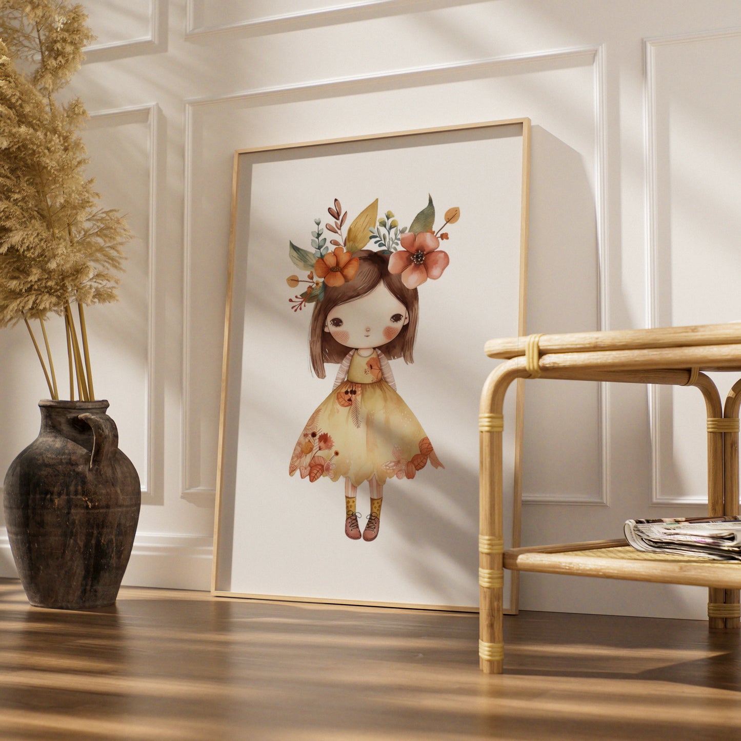 Boho Flower Girl Nursery Wall Art, Cute Girl Poster, Floral Crown Print for Baby Girls Room