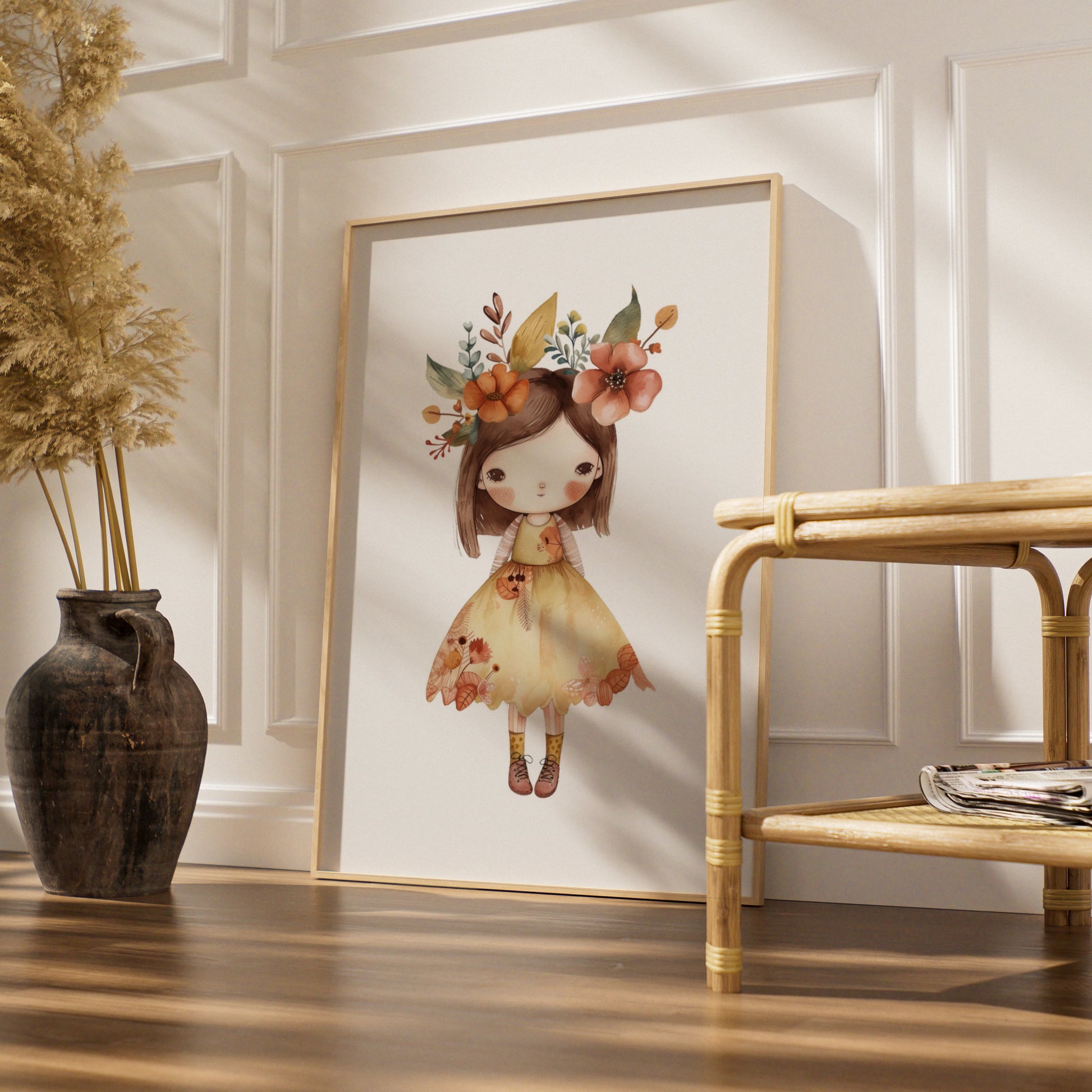 Boho Flower Girl Nursery Wall Art, Cute Girl Poster, Floral Crown Print for Baby Girls Room