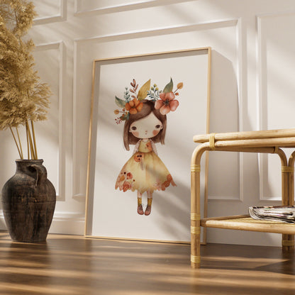 Boho Flower Girl Nursery Wall Art, Cute Girl Poster, Floral Crown Print for Baby Girls Room
