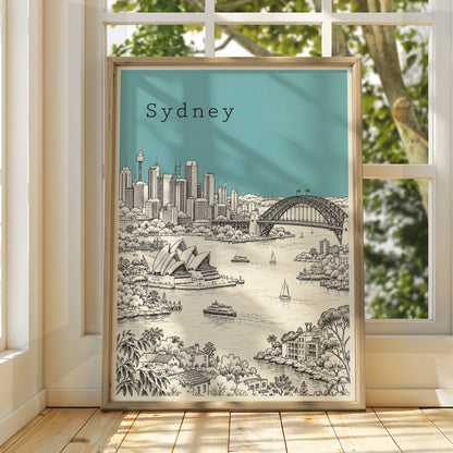 Sydney Wall Art, Harbour Bridge Opera House Sketch Illustration, Australia Travel Print