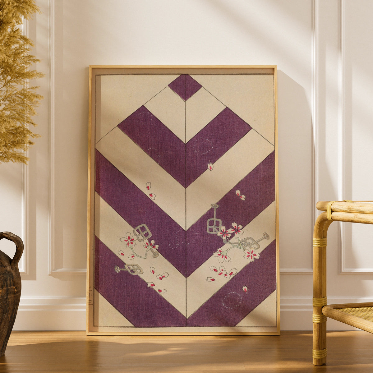 Japanese Woodblock Wall Art, Vintage Bijutsukai 1901 Purple Chevron Cherry Blossom Print – A5 print