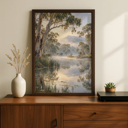 Australian Landscape Print, Misty River Gum Trees, Nature Wall Art, Eucalyptus Waterscape Poster