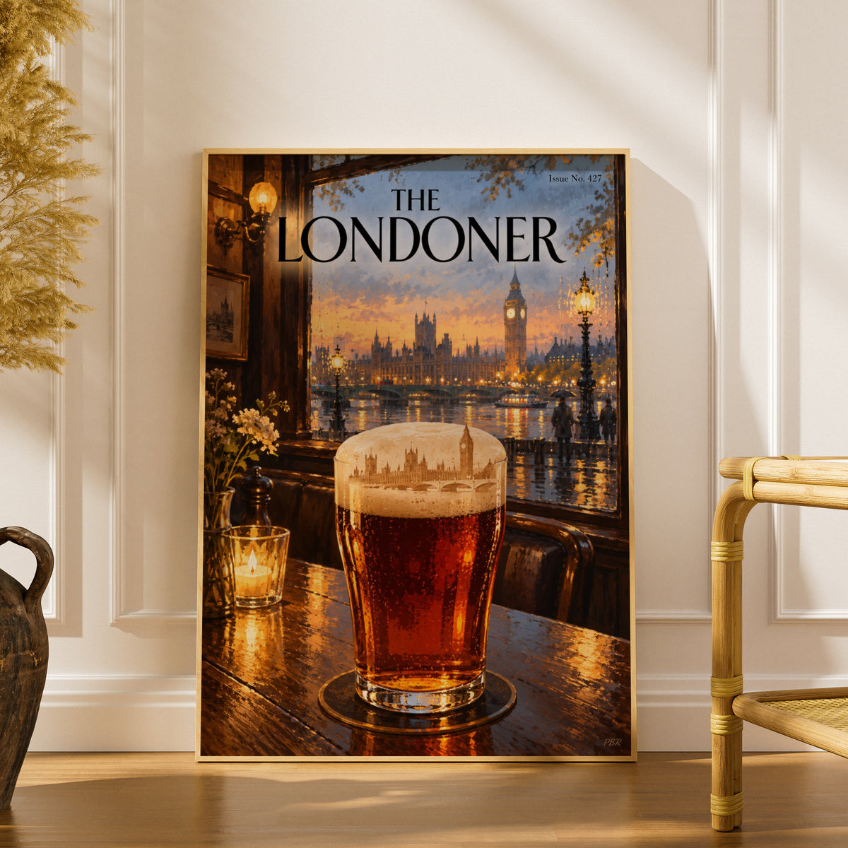 The Londoner Magazine Cover Poster, London Pub Pint at Sunset, Big Ben Wall Art, Pub Decor Print