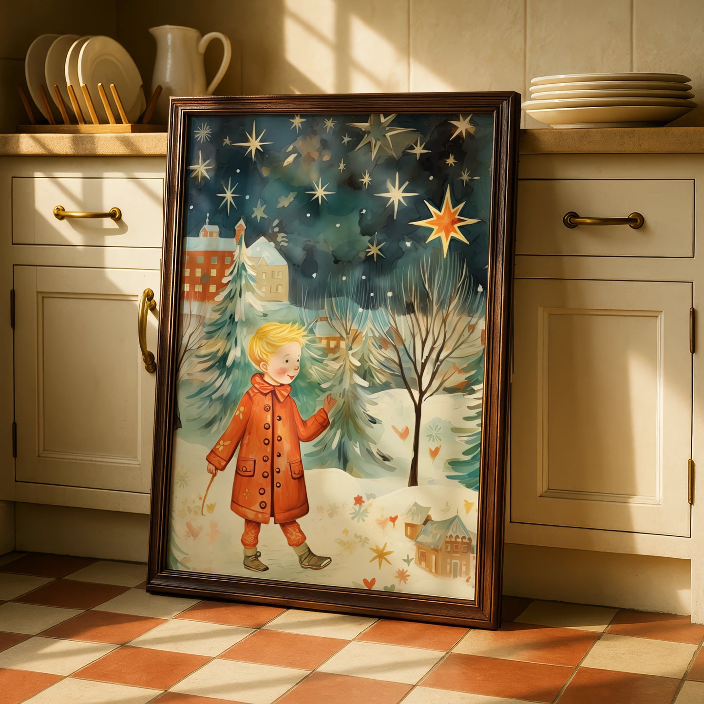Christmas Poster Boy in Snow, Festive Winter Stars Wall Art, Whimsical Holiday Print for Kids