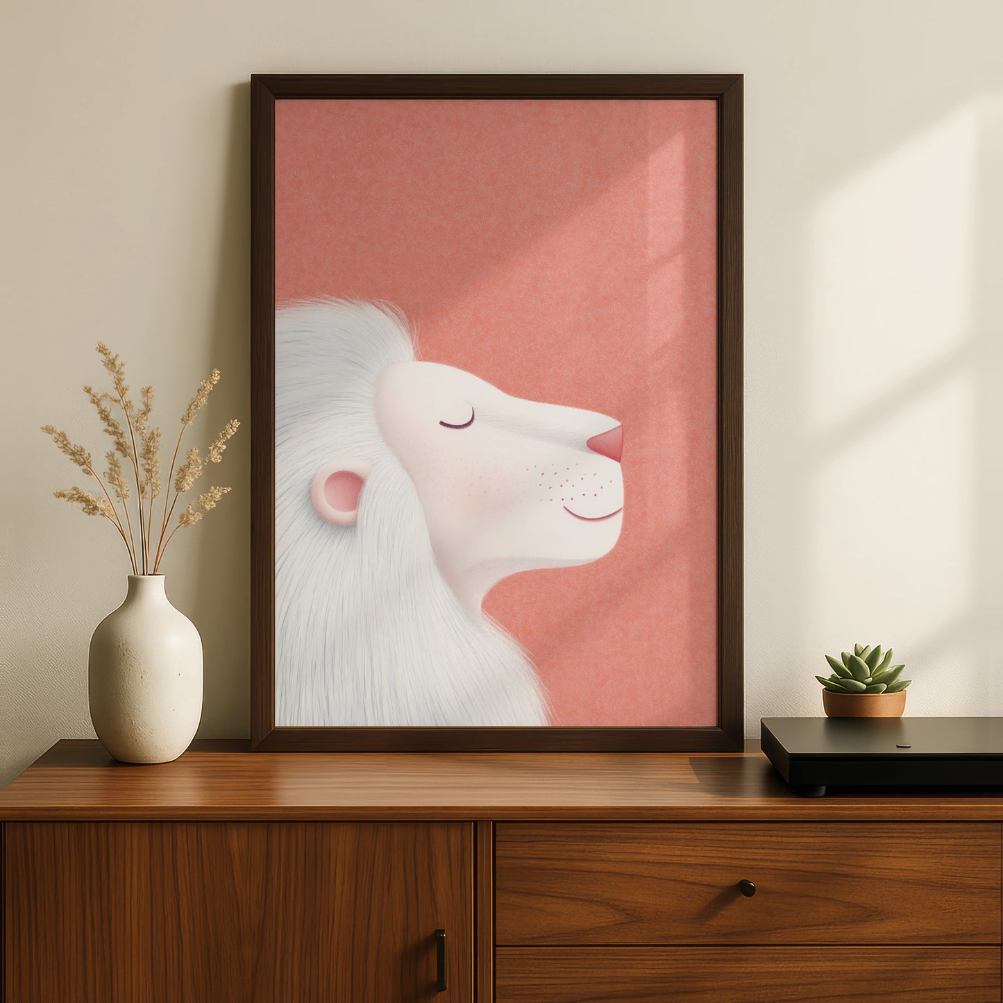White Lion Nursery Wall Art, Coral Pink Baby Room Poster, Kids Animal Print, Cute Lion
