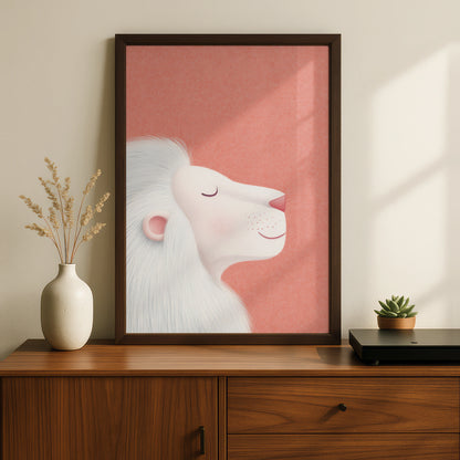 White Lion Nursery Wall Art, Coral Pink Baby Room Poster, Kids Animal Print, Cute Lion