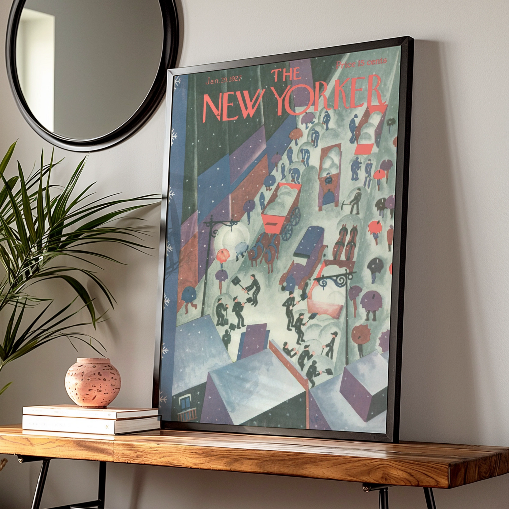 New Yorker 1927 Winter Snow Scene Poster, Vintage NYC Street Art Print, Wall Decor