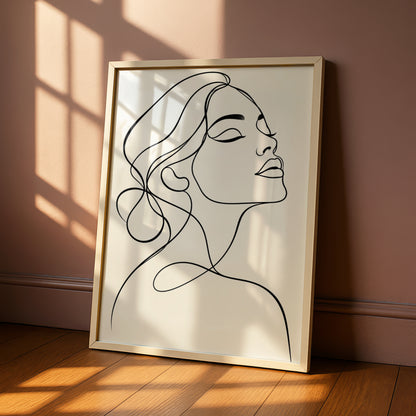 Woman Line Art Print, Monochrome Wall Art, Minimalist Female Portrait, Black and White Poster