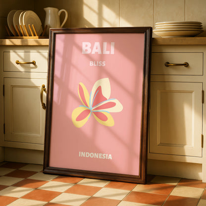 Bali Travel Poster Indonesia Wall Art, Frangipani Floral Print, Retro Tropical Decor