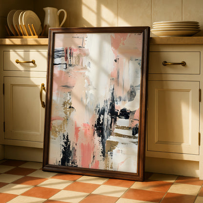Abstract Monochrome Wall Art, Pink Black Gold Brushstroke Print, Modern Gallery Poster