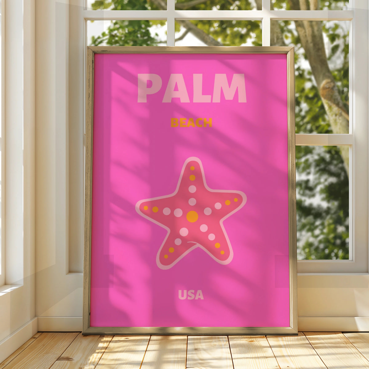 Palm Beach Florida Travel Poster, Retro USA Wall Art, Pink Starfish Print